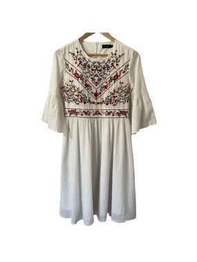 Roolee Embroidered Long Sleeve Dress Sz S White Floral Peasant Prairie Boho EUC